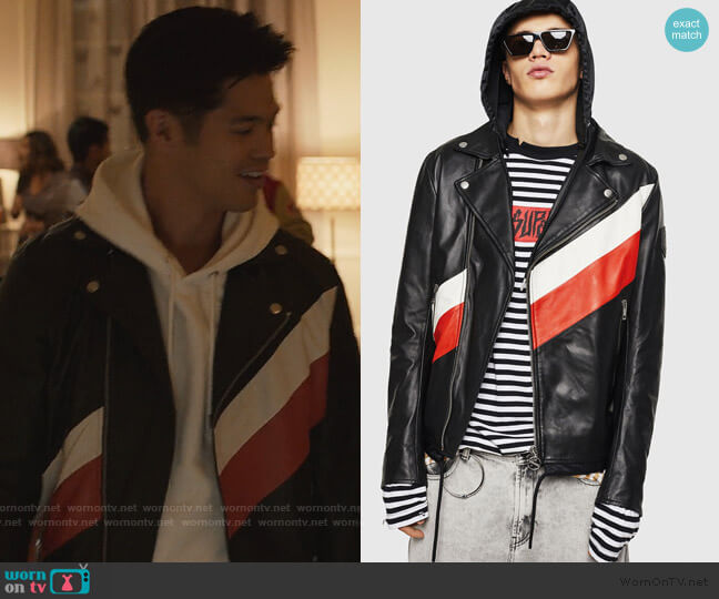 Diesel Leather and nylon biker jacket worn by Zach Dempsey (Ross Butler) on 13 Reasons Why