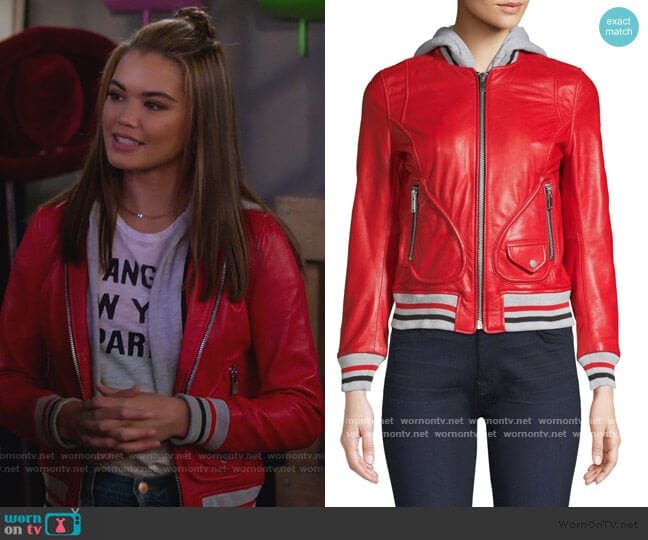 Doma Michelle Hooded Leather Varsity Jacket worn by Alexa Mendoza (Paris Berelc) on Alexa & Katie