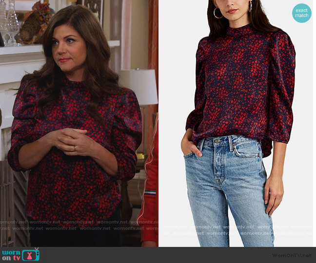FiveSeventyFive Floral Satin Puff-Shoulder Blouse worn by Lori Mendoza (Tiffani Thiessen) on Alexa & Katie