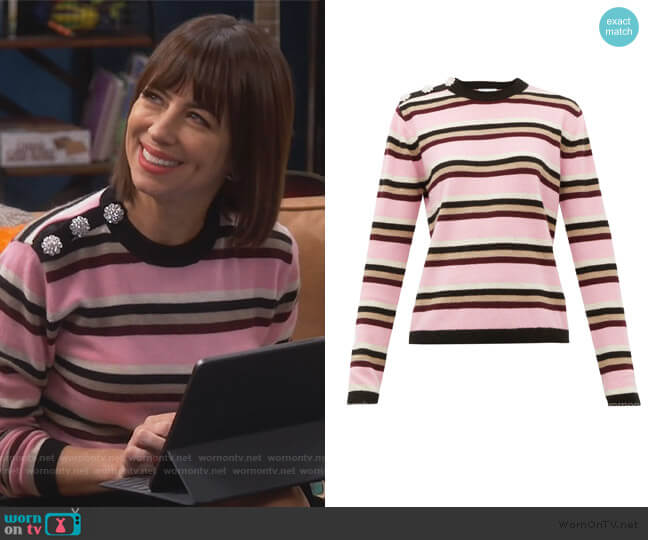 Ganni Crystal-button cashmere sweater worn by Elizabeth (Natasha Leggero) on Broke
