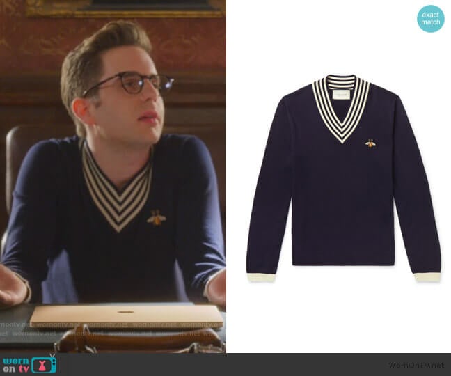 Gucci V-neck wool knit with bee worn by Payton Hobart (Ben Platt) on The Politician