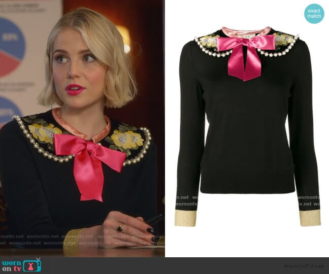 Gucci Fitted Jumper with Floral Embroidery and Pearl Embellishment worn by Astrid (Lucy Boynton) on The Politician