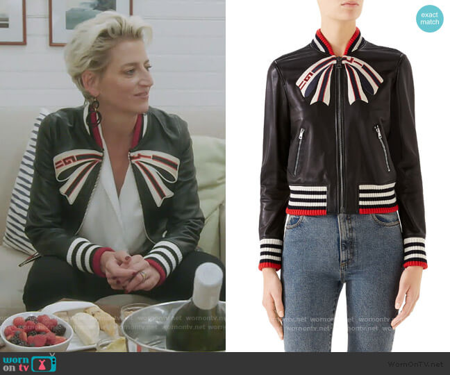 Gucci Trompe l'Oeil Bow Nappa Leather Bomber Jacket worn by Dorinda Medley on The Real Housewives of New York City