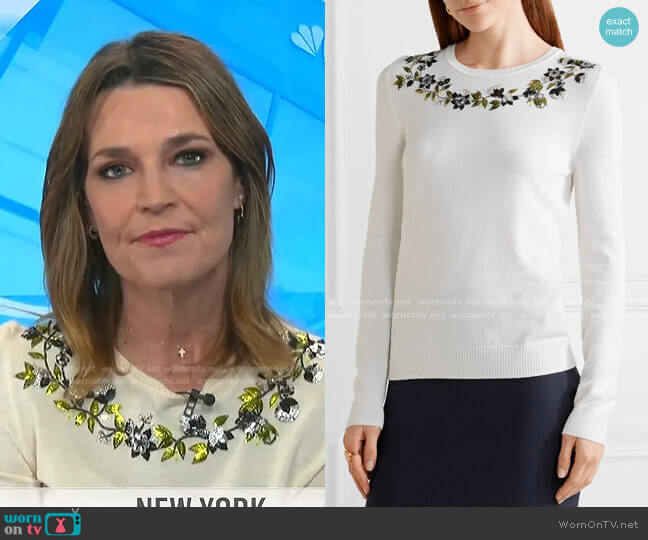Altuzarra Hermione Floral-Embellished Merino Wool Sweater worn by Savannah Guthrie on Today
