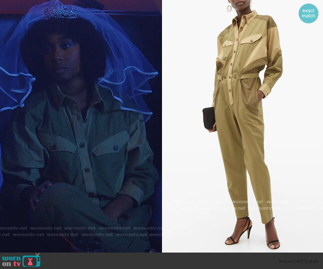 Isabel Marant Guan patchwork cotton-gabardine jumpsuit worn by Mallory (Sasha Compere) on Love Life
