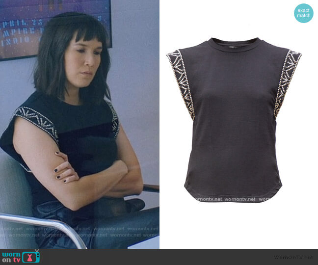 Isabel Marant Yelani studded sleeveless cotton T-shirt worn by Sara (Zoe Chao) on Love Life