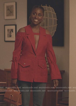 Issa’s red cold shoulder jacket on Insecure