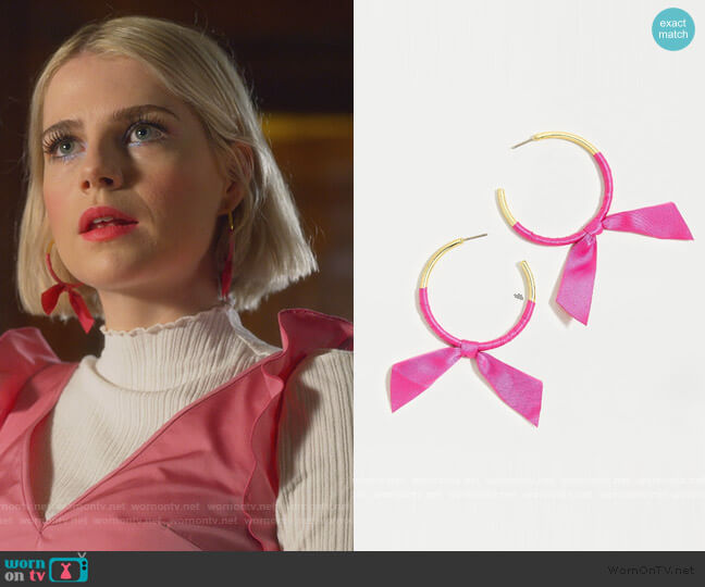 J. Crew Ribbon Tie Earrings worn by Astrid (Lucy Boynton) on The Politician