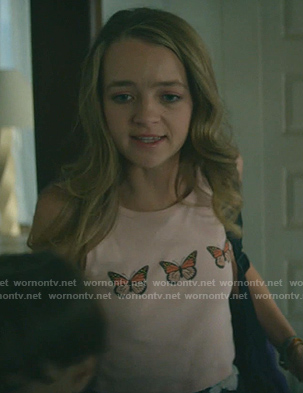 Jenny Broderick’s pink butterfly print tank on Dirty John