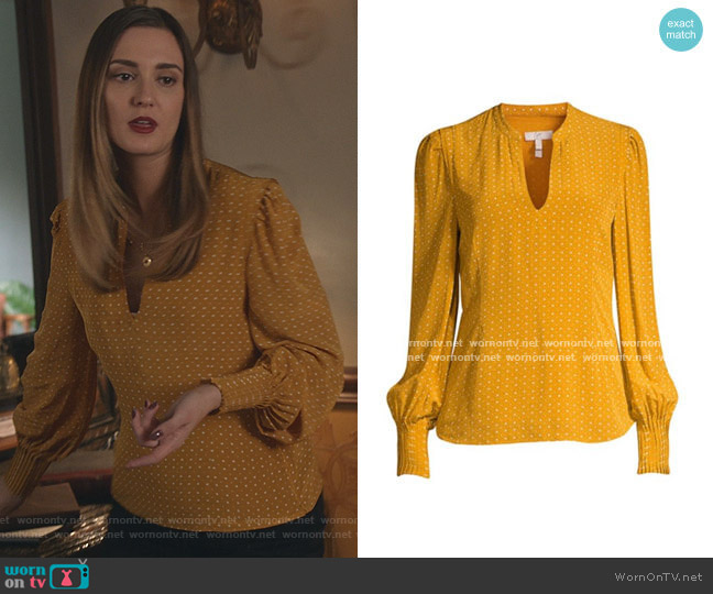 Joie Korina Blouse in Dusty Gold worn by Joy Harper (Katherine Barrell) on Good Witch