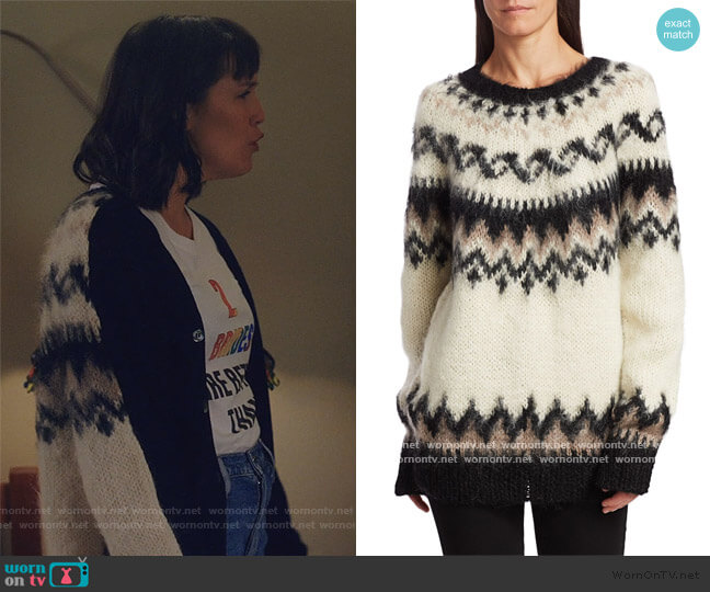 Junya Watanabe Reversed Fair Isle wool-blend cardigan worn by Sara (Zoe Chao) on Love Life