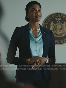 Kate’s turquoise satin blouse on Billions