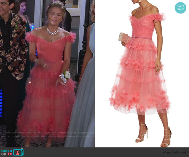 Marchesa Notte Off-the-shoulder floral-appliquéd pleated tulle gown worn by Gwenny (Kerri Medders) on Alexa & Katie