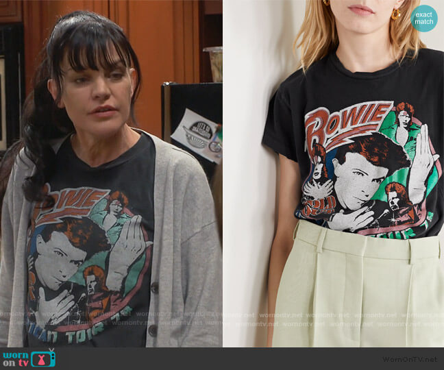 Madeworn David Bowie 1978 distressed printed cotton-jersey T-shirt worn by Elizabeth (Natasha Leggero) on Broke
