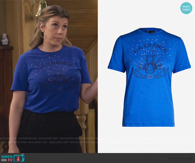 Maje Talia embellished-print jersey T-shirt worn by Stephanie Tanner (Jodie Sweetin) on Fuller House