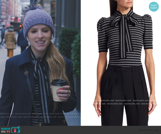 Michael Kors Striped Cashmere Knit Puff-Sleeve Bow Blouse worn by Darby (Anna Kendrick) on Love Life