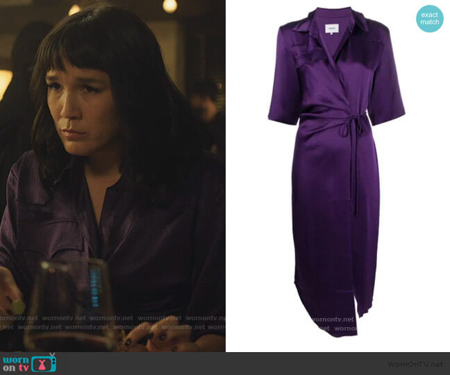 Nanushka Lais satin draped shirt dress worn by Sara (Zoe Chao) on Love Life