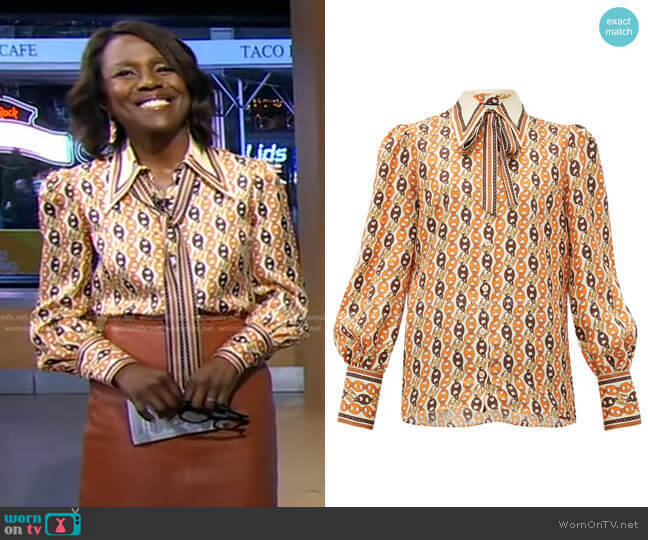 Gucci Neck-Tie Chain-Print Silk Blouse worn by Deborah Roberts on Good Morning America