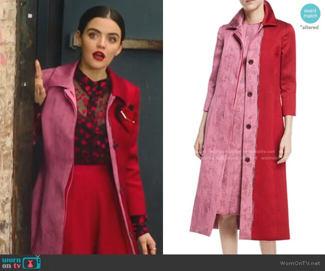 Oscar de la Renta Colorblock Jacquard A-Line Coat worn by Katy Keene (Lucy Hale) on Katy Keene