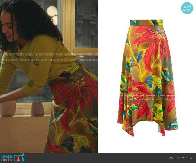 Peter Pilotto Tropical-print Silk-blend Cloqué Midi Skirt worn by Kat Edison (Aisha Dee) on The Bold Type