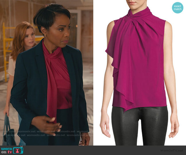 Parker Megan High-Neck Flounce Sleeveless Top worn by Helen Decatur (Heather Headley) on Sweet Magnolias