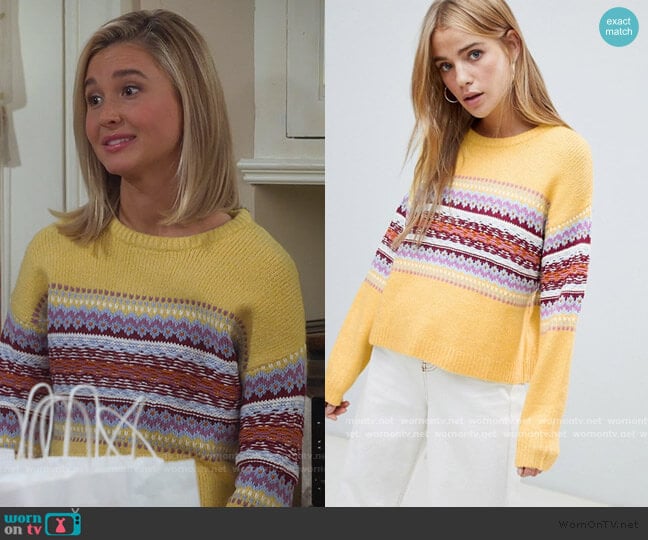 Pull & Bear Fairisle Panel Stripe Sweater worn by Katie Cooper (Isabel May) on Alexa & Katie