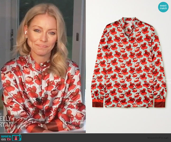 Raquel Diniz Savannah Floral-Print Silk-Satin Blouse worn by Kelly Ripa on Live with Kelly and Mark