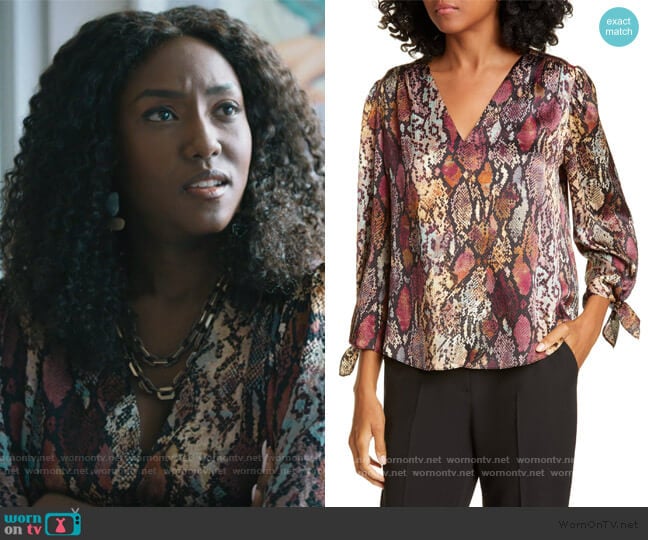 Rebecca Taylor Snakeskin Print Tie Cuff Top worn by Lauren Turner (Jade Eshete) on Billions