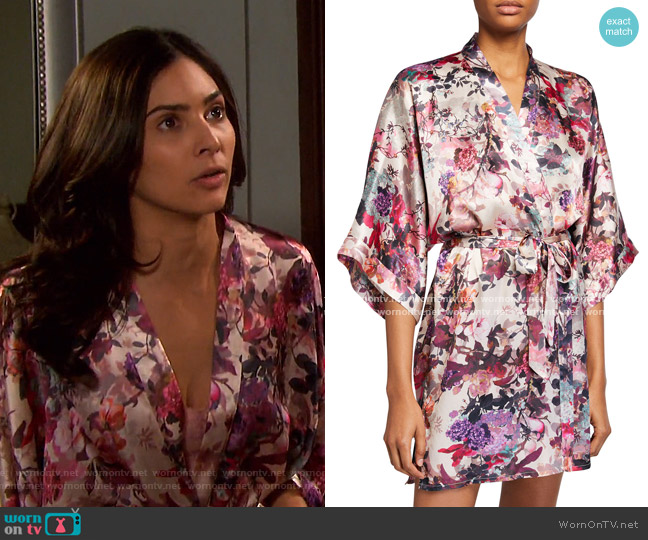 Samantha Chang Floral-Print Classic Short Kimono Robe in Fall Garden worn by Gabi Hernandez (Camila Banus) on Days of our Lives
