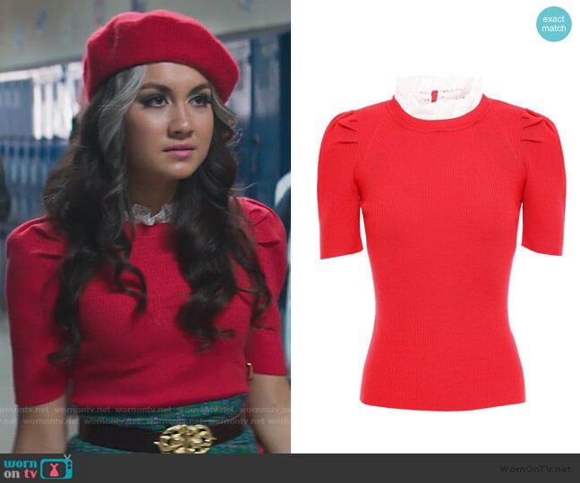 Sandro Sphynx lace-trimmed ribbed-knit top worn by Cindy Burman (Meg DeLacy) on Stargirl