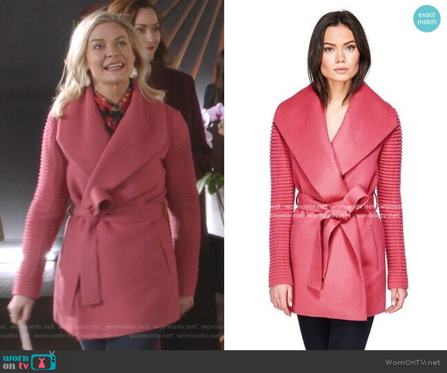Sentaler Shawl Collar Wrap Coat with Ribbed Sleeves in Tourmaline Pink worn by Stephanie Borden (Kylee Evans) on Good Witch