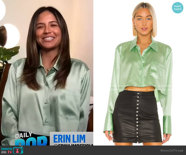 T by Alexander Wang Shine Wash and Go Cropped Satin Blouse worn by Erin Lim on E! News