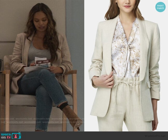 Tahari ASL Ruched-Sleeve Shawl-Lapel Jacket worn by Jessica Davis (Alisha Boe) on 13 Reasons Why