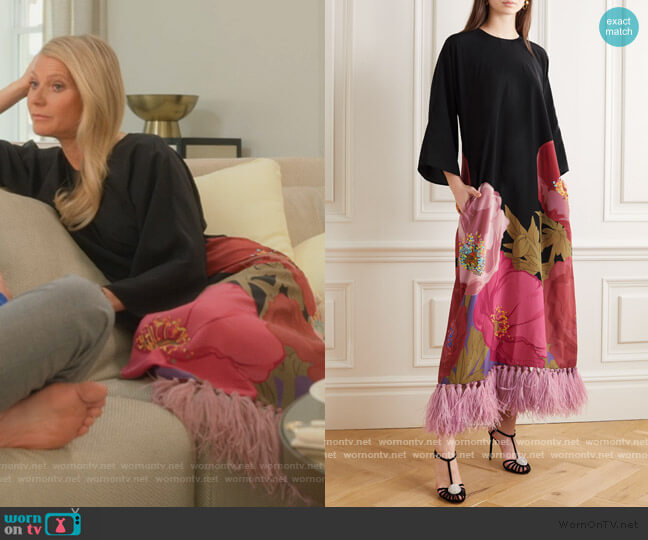 Valentino Feather-trimmed floral-print silk crepe de chine maxi dress worn by Georgina Hobart (Gwyneth Paltrow) on The Politician