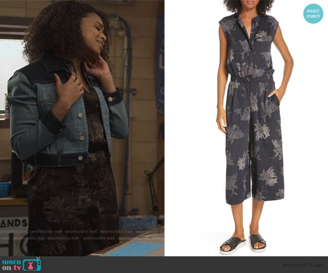 Vince Woodblock Floral Sleeveless Jumpsuit worn by Ani (Grace Saif) on 13 Reasons Why