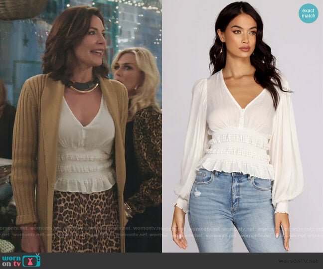 Windsor Vacay Now Smocked Waist Blouse worn by Luann de Lesseps on The Real Housewives of New York City