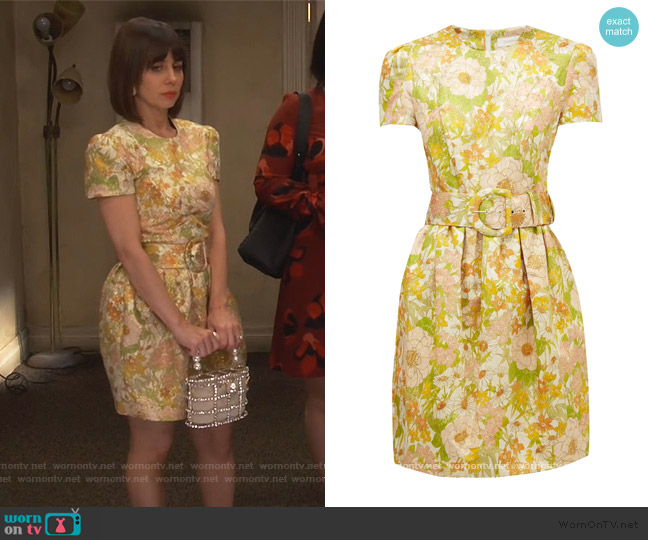 Zimmermann Super Eight belted floral-brocade mini Dress worn by Elizabeth (Natasha Leggero) on Broke