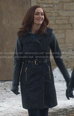 Abigail’s tweed trench coat with leather sleeves on Good Witch