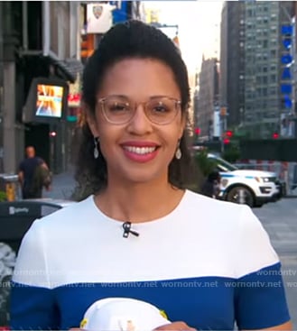 Adrienne’s white and blue colorblock dress on Good Morning America