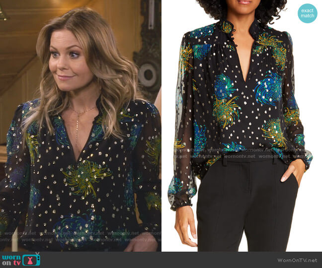 A.L.C. Beatrix Floral Metallic Dot Silk Blouse worn by DJ Tanner-Fuller (Candace Cameron Bure) on Fuller House