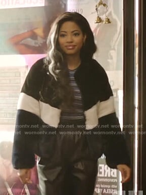 Alexandra’s colorblock fur jacket on Katy Keene