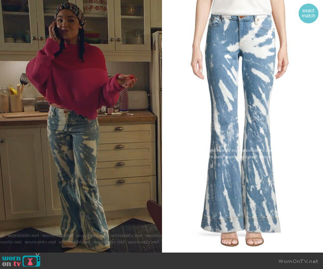 Alice + Olivia Jeans Beautiful Low-Rise Tie-Dye Bell Bottom Jeans worn by Kat Edison (Aisha Dee) on The Bold Type
