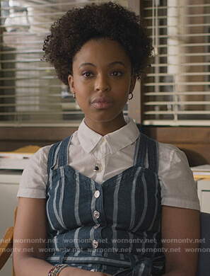 Ani’s denim stripe jumpsuit on 13 Reasons Why