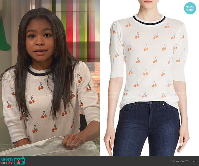 Aqua Puff-Sleeve Cherry Print Top worn by Nia Baxter (Navia Robinson) on Ravens Home