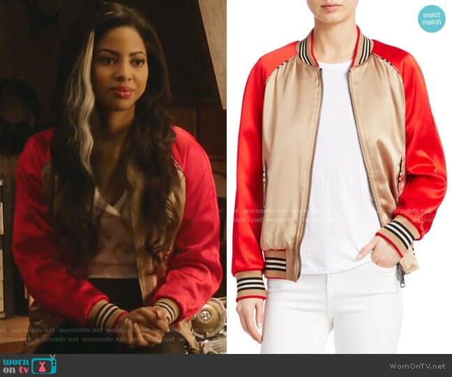 Burberry Harlington Logo Patch Satin Bomber Jacket worn by Alexandra Cabot (Camille Hyde) on Katy Keene