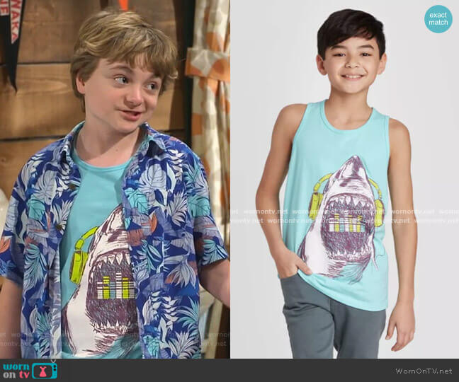 Cat & Jack Shark Graphic Tank Top worn by Finn Sawyer (Will Buie Jr) on Bunkd