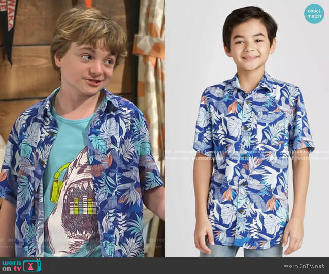 Cat & Jack Tropical Print Short Sleeve Button-Down Shirt worn by Finn Sawyer (Will Buie Jr) on Bunkd