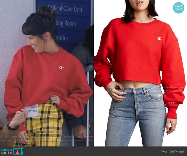 Champion Crop Reverse Weave Sweatshirt worn by Sara (Zoe Chao) on Love Life