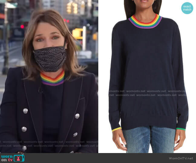 Burberry Dales Rainbow Trim Merino Wool Sweater worn by Savannah Guthrie on Today