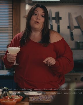 Dana’s red off shoulder sweatshirt on Sweet Magnolias
